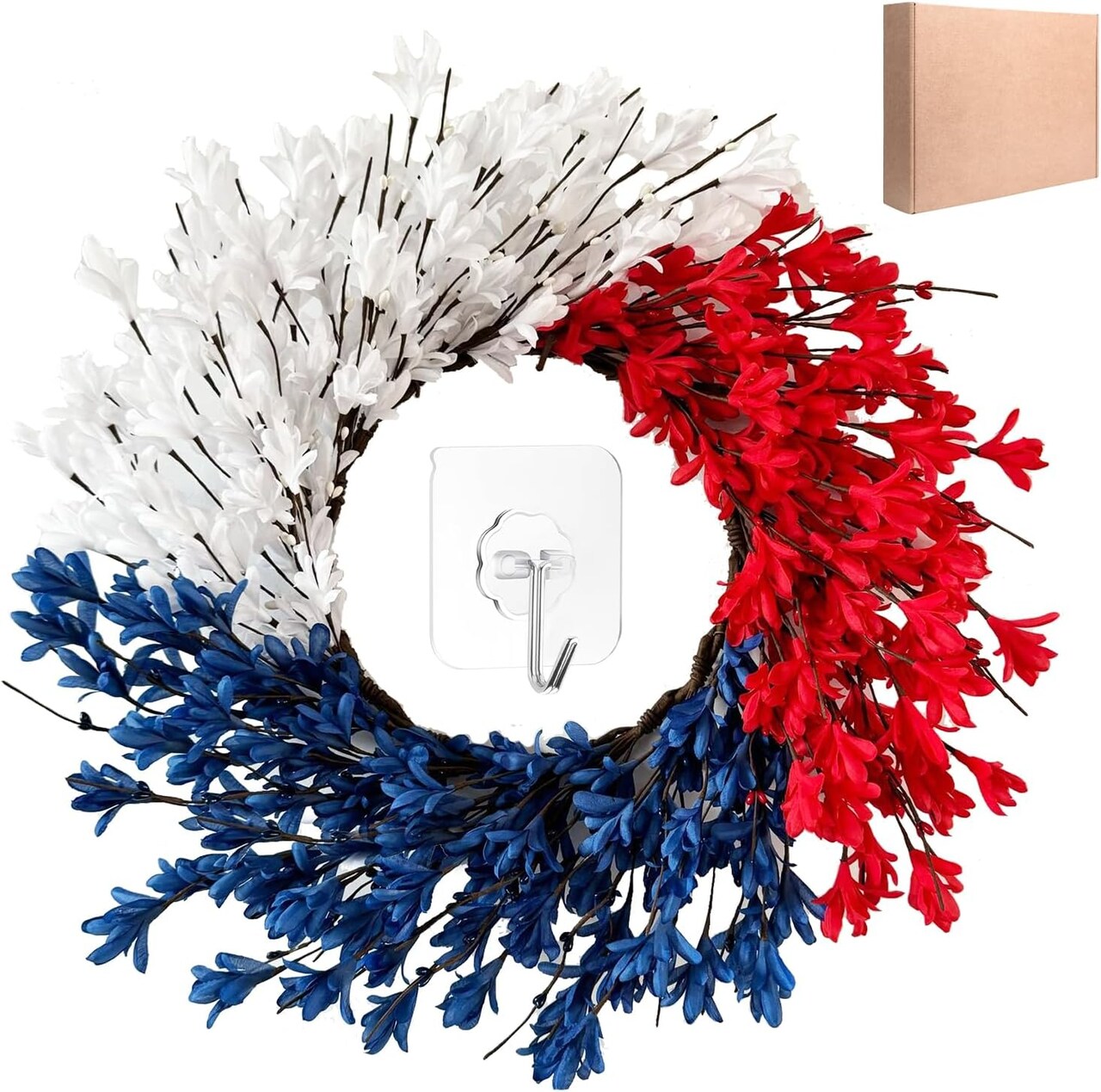 4th of July Wreath for Front Door, Handmade Patriotic Red White Blue Fourth of July Wreath Decorations